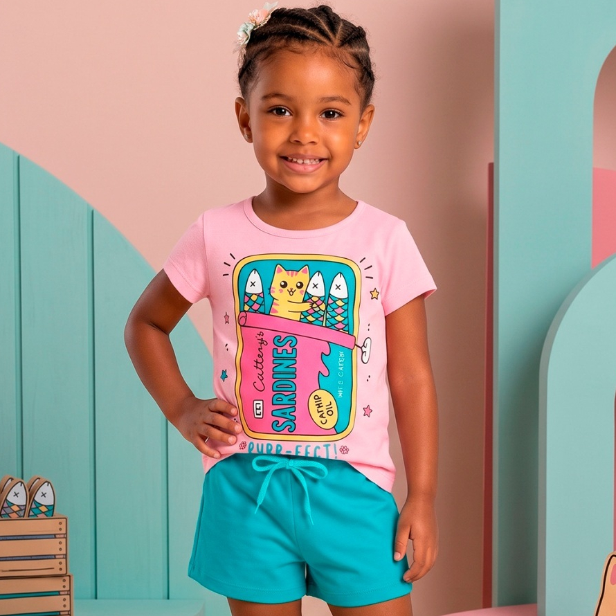 Conjunto Bebê Menina Curto Verão Sardines Gatinha