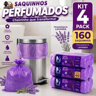 Kit 4 Sacos de Lixo Perfumados Lavanda | 160 Sacos | Pia e Banheiro | 34x38cm | Neutraliza Odores
