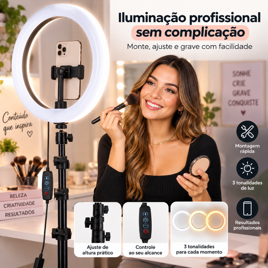 Ring Light 10 Polegadas Maquiagem, Vídeos e Lives com Tripé 2m e 3 Tons de Luz