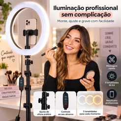 Ring Light 10 Polegadas Maquiagem, Vídeos e Lives com Tripé 2m e 3 Tons de Luz