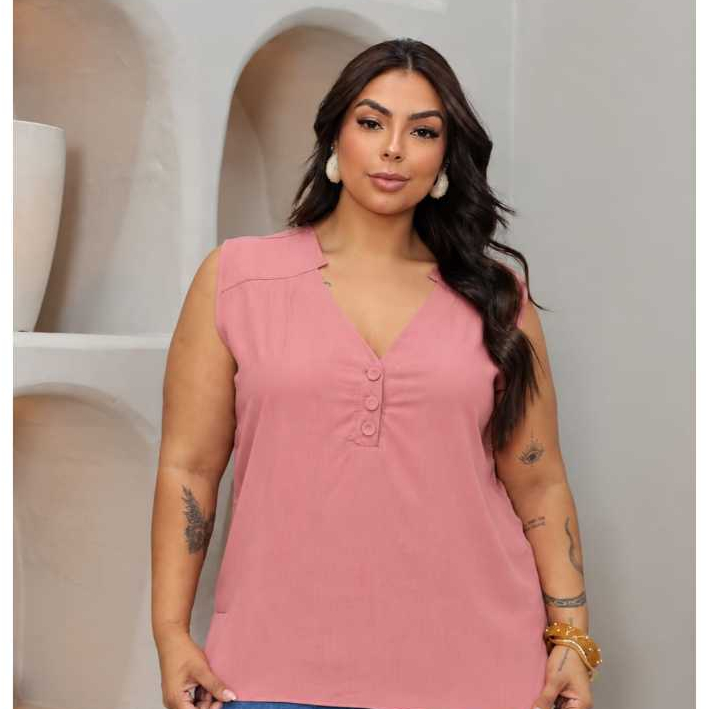 Regata Plus Size Casual Gola V Com botões Funcionais Cabimento Soltinha Leve — imagem 2 de 2