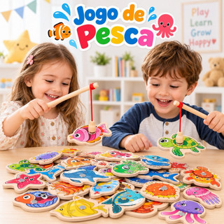 Jogo de Pesca Magnética Infantil de Madeira 33/54 Peças Brinquedo Educativo Interativo