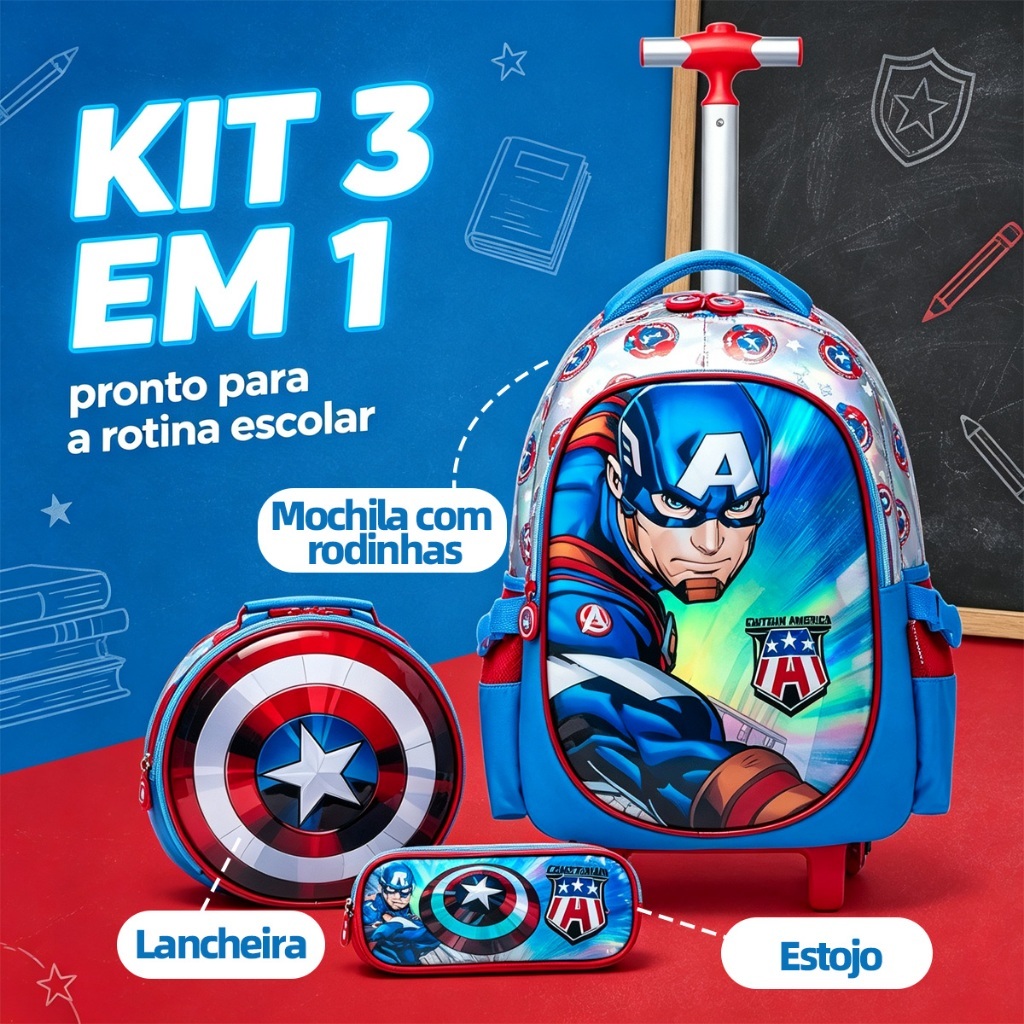 Marvel Conjunto de três peças com mochila com rodas do Capitão América para meninos