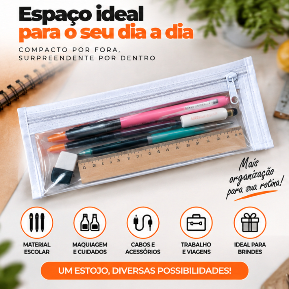 Estojo Necessaire Transparente PVC Zíper 22x7cm Organizador Multiuso Escolar Maquiagem Acessórios Viagem Porta Objetos