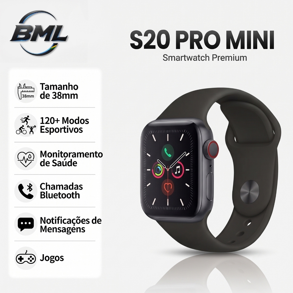 BML Relógio Inteligente Smartwatch S20 PRO MINI NFC GPS Chat GPT Bluetooth Call a prova de água