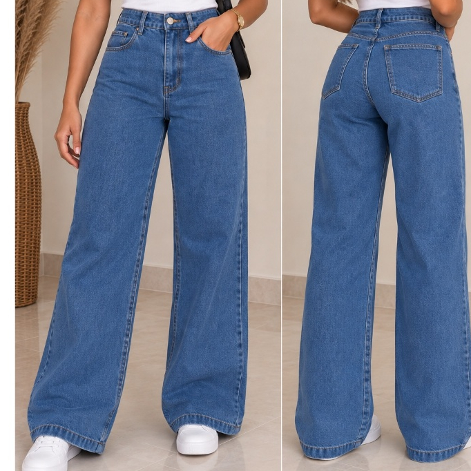 Calça Jeans Feminina WED LEG Sem Lycra Cintura Alta Pantalona