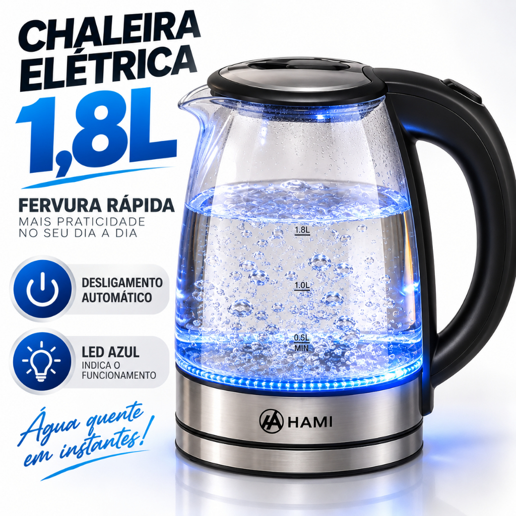 Chaleira Elétrica de Vidro 1.8L Bivolt – Fervura Rápida, Desligamento Automático, LED Azul e Vidro Resistente
