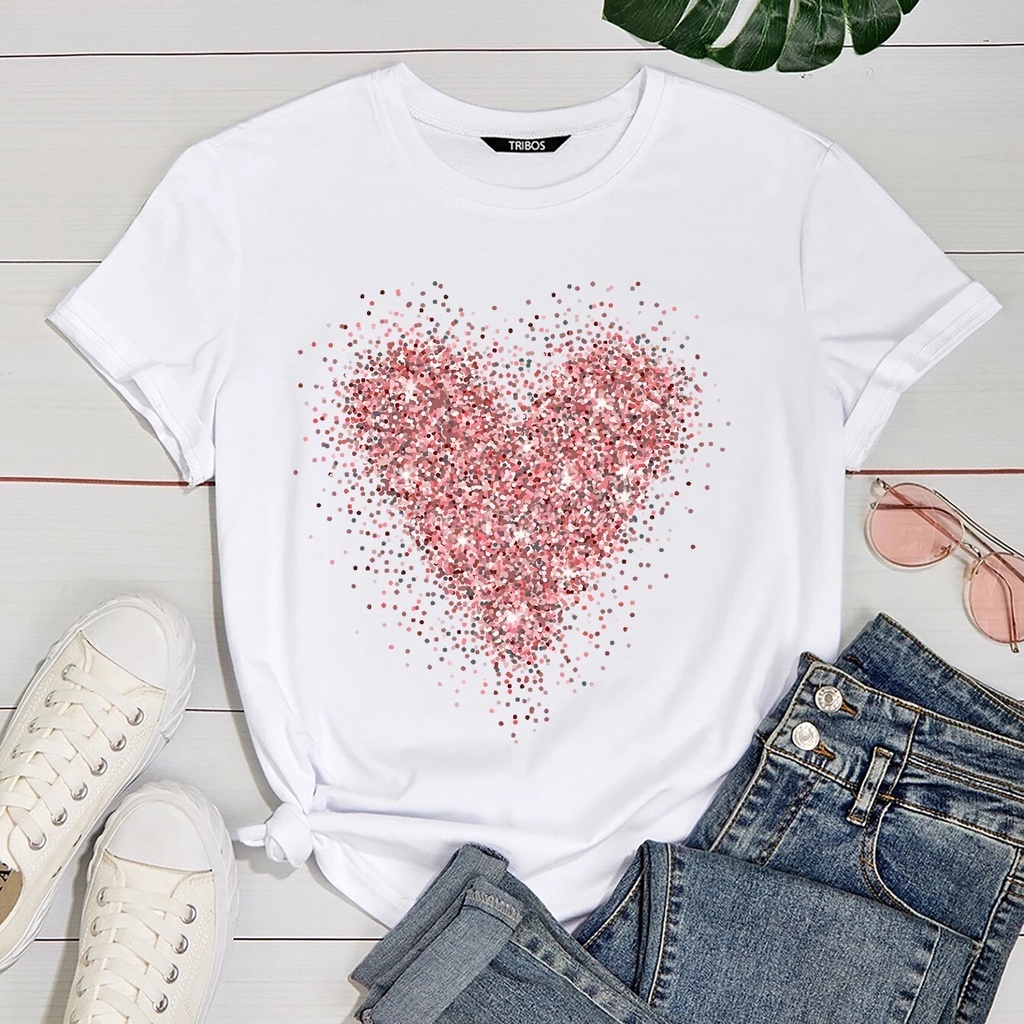 Camiseta Feminina Coração Glitter Estampada Branca Algodão Manga Curta Gola Redonda do P ao G3