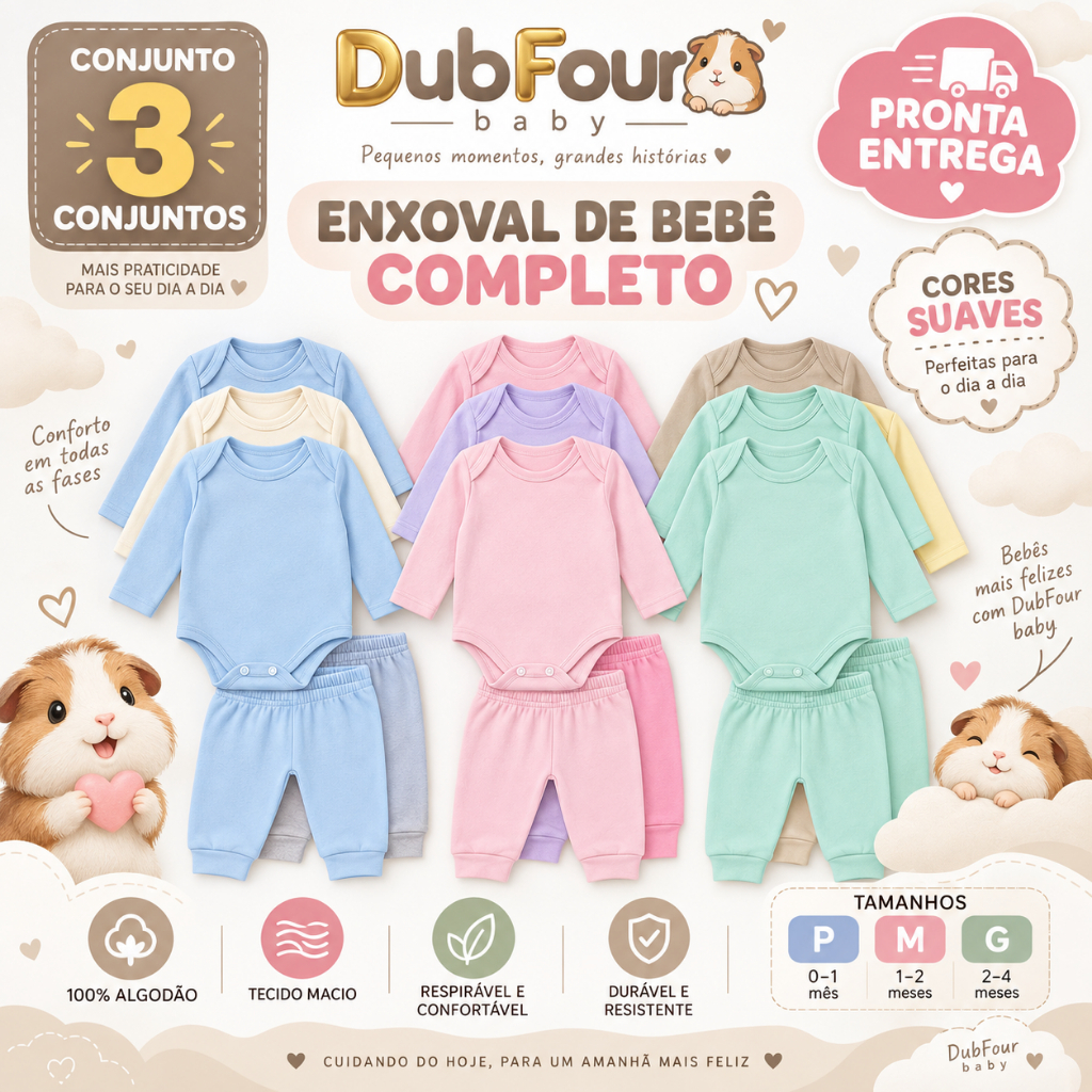 Kit 6 Peças Conjunto Body Manga Longa E Calça Mijão De Bebê Menino Menina enxoval