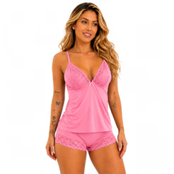 Pijama Baby Doll Sexy de Renda Roupa de Dormir Curto Short Doll Feminino