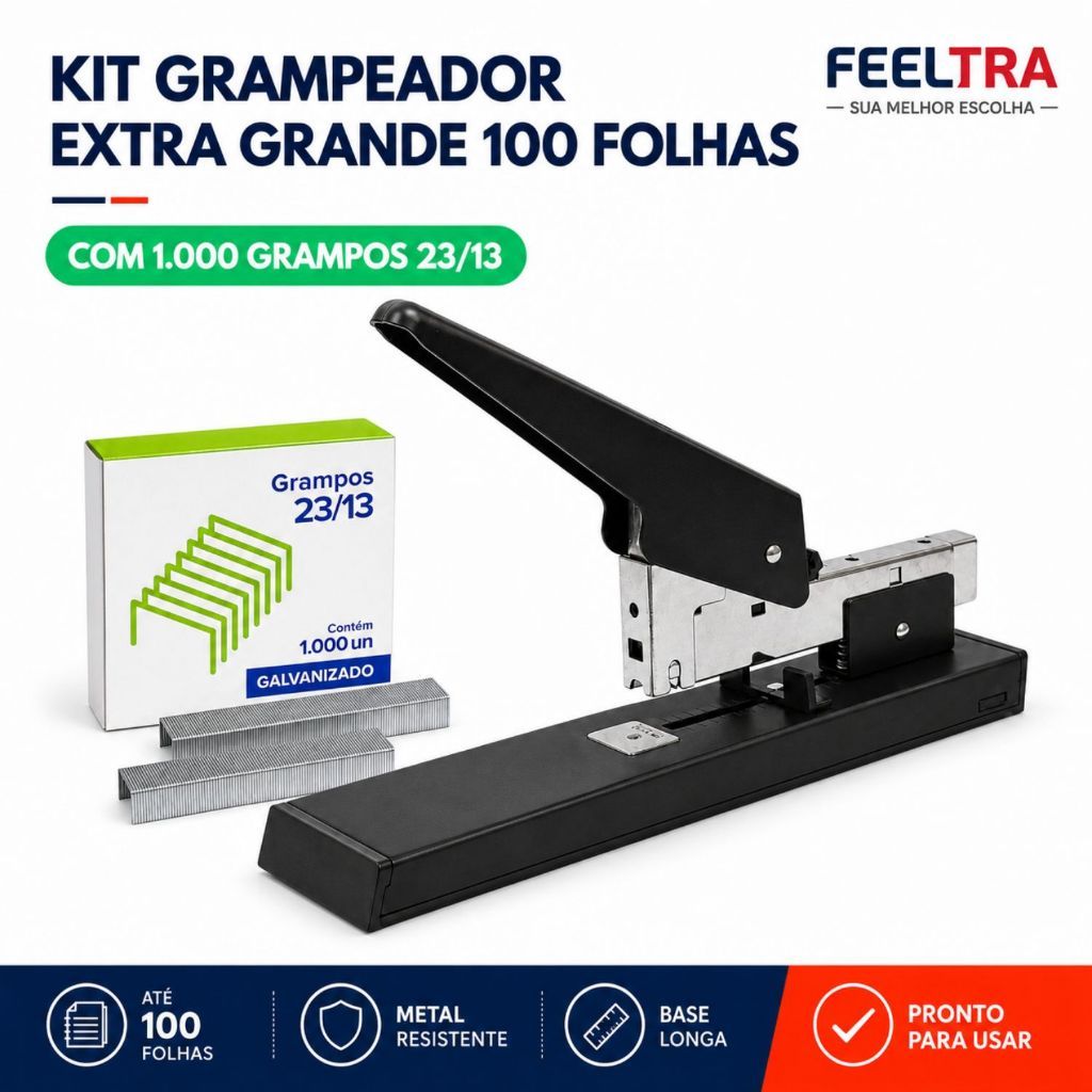 Kit Grampeador de Papel Grande até 100 Folhas Serviço Pesado com 1.000 Grampos 23/13 Aço Galvanizado Grampeador Mesa