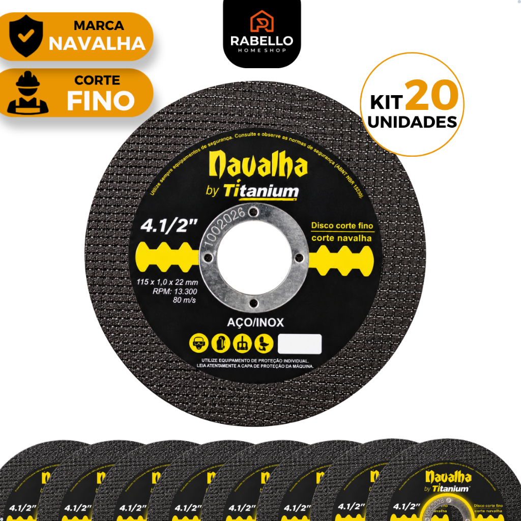 Kit 20 Disco de Corte 4.1/2 Para Esmerilhadeira Ferro/Inox 115mm Corte Fino Ferro/Inox