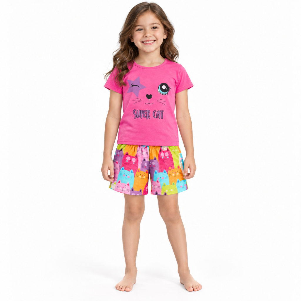 Conjunto Infantil Menina blusa 1 sortida + 1 shorts estampa gato 1 ao 14 Cores e modelos sortidos
