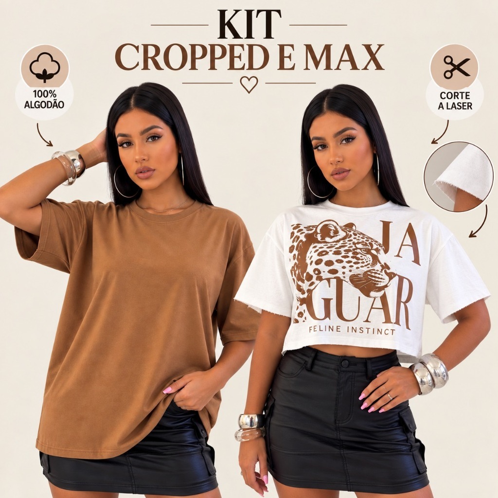 Kit 2 Blusas Femininas Max Oversized Lisa + Cropped Oversized Estampado Jaguar Feline 100% Algodão
