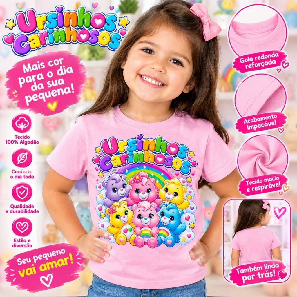 Camiseta Infantil Ursinhos Carinhosos Inspirada – Estampa Colorida,Algodão Confortável