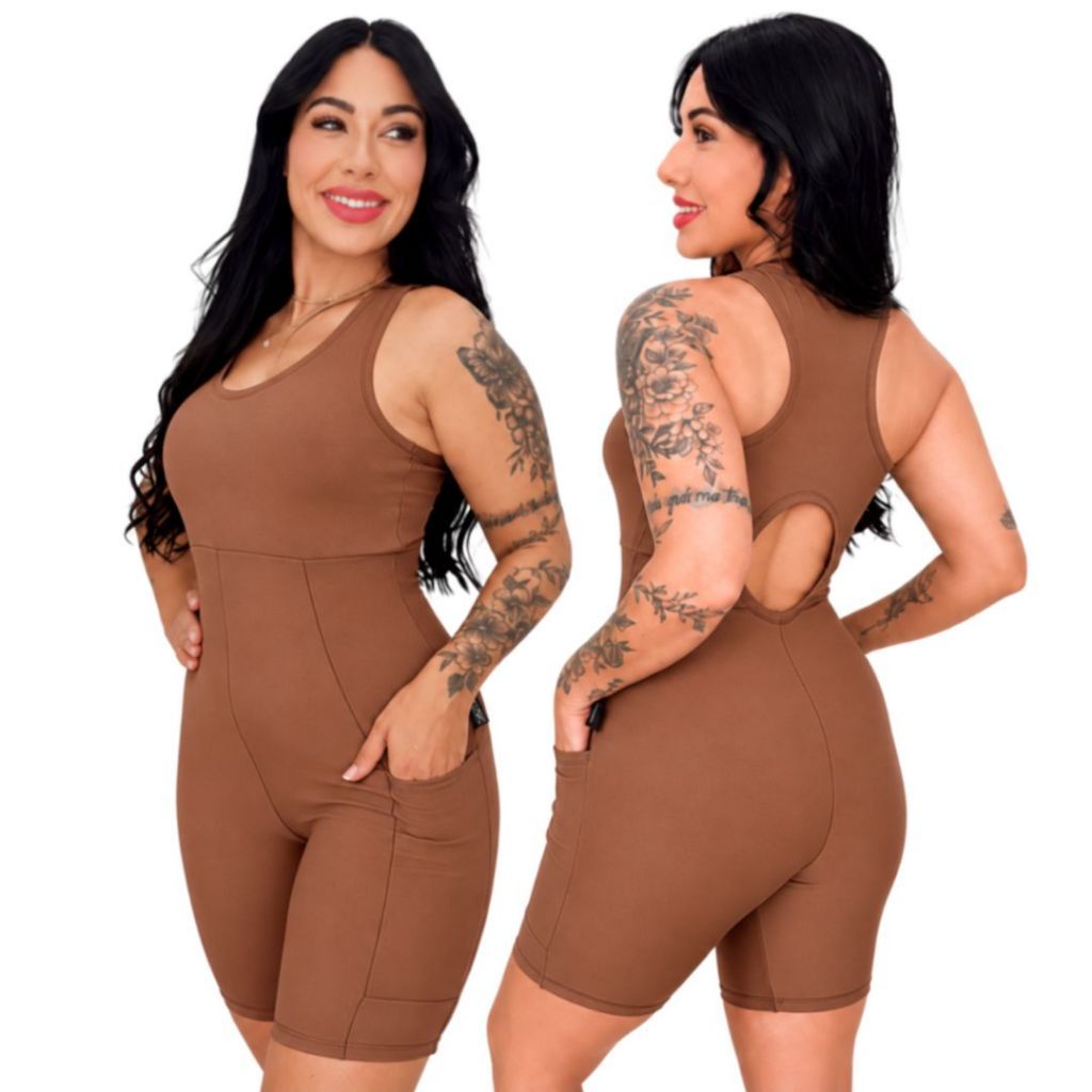 Macaquinho Fitness Feminino Academia Bolso Lateral Zero Transparência Macacão Curto para Malhar