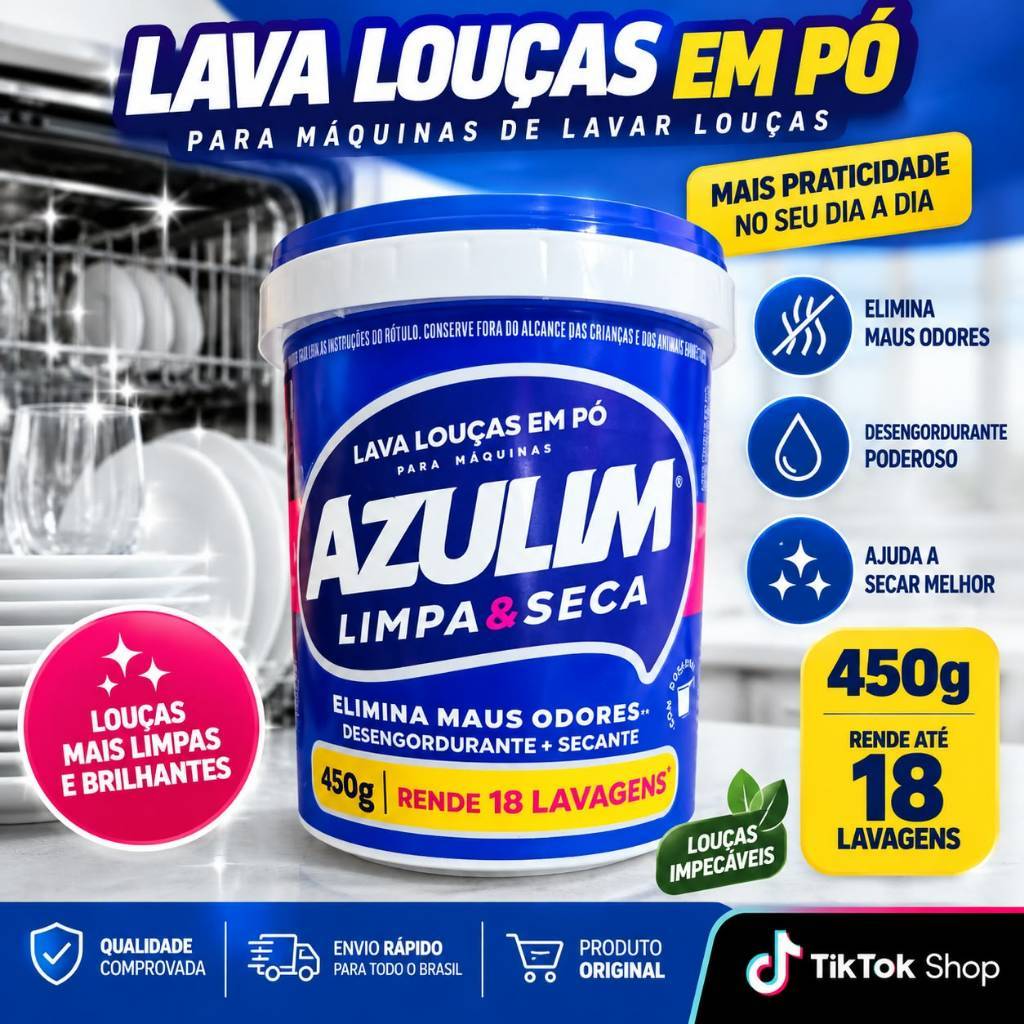 Lava Louças em Pó Azulim 450g, Máquina Lava-Louças Desengordurante e Secante