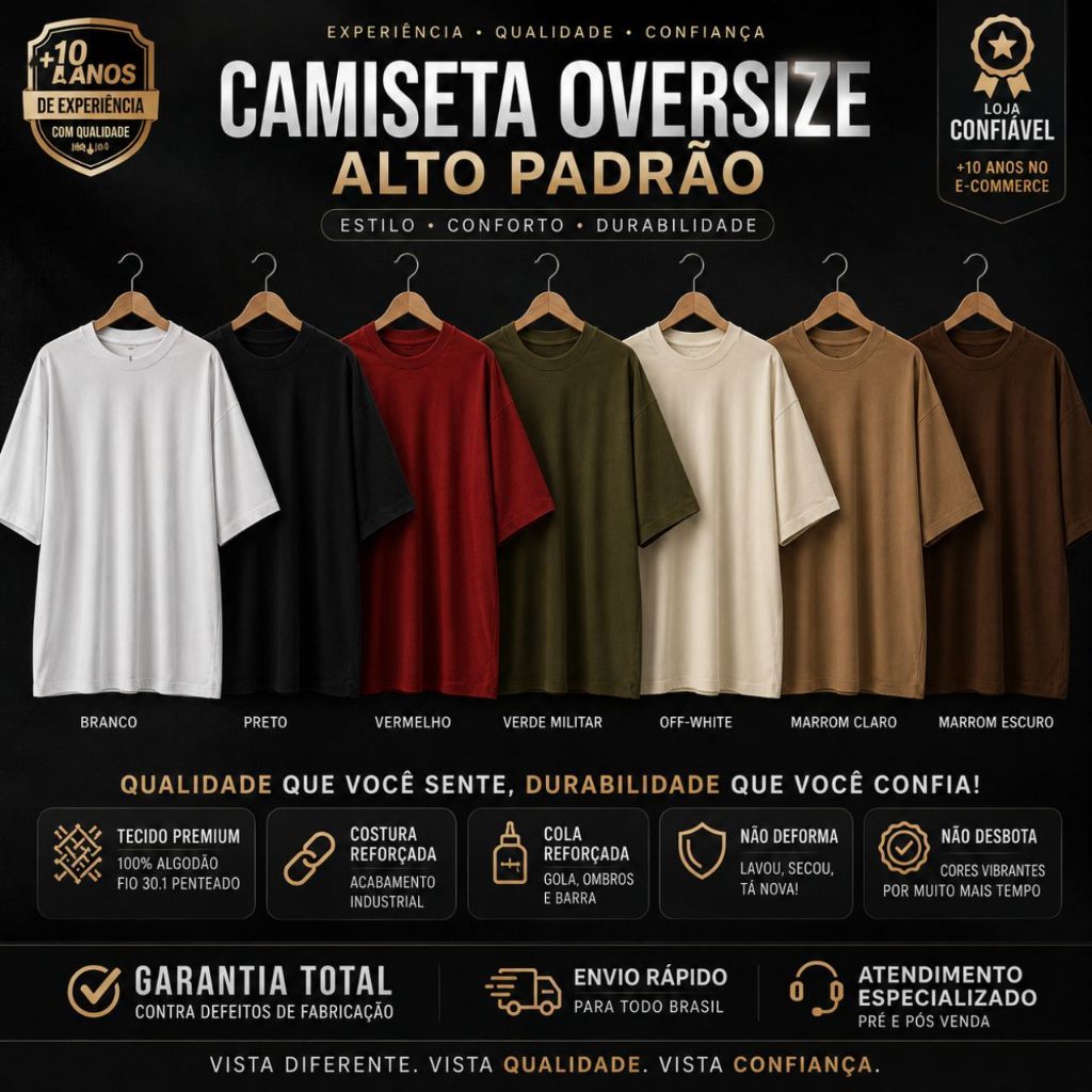 Camiseta masculina OverSized modelo StreetWear Gola canelada alta Malhão macio e grosso