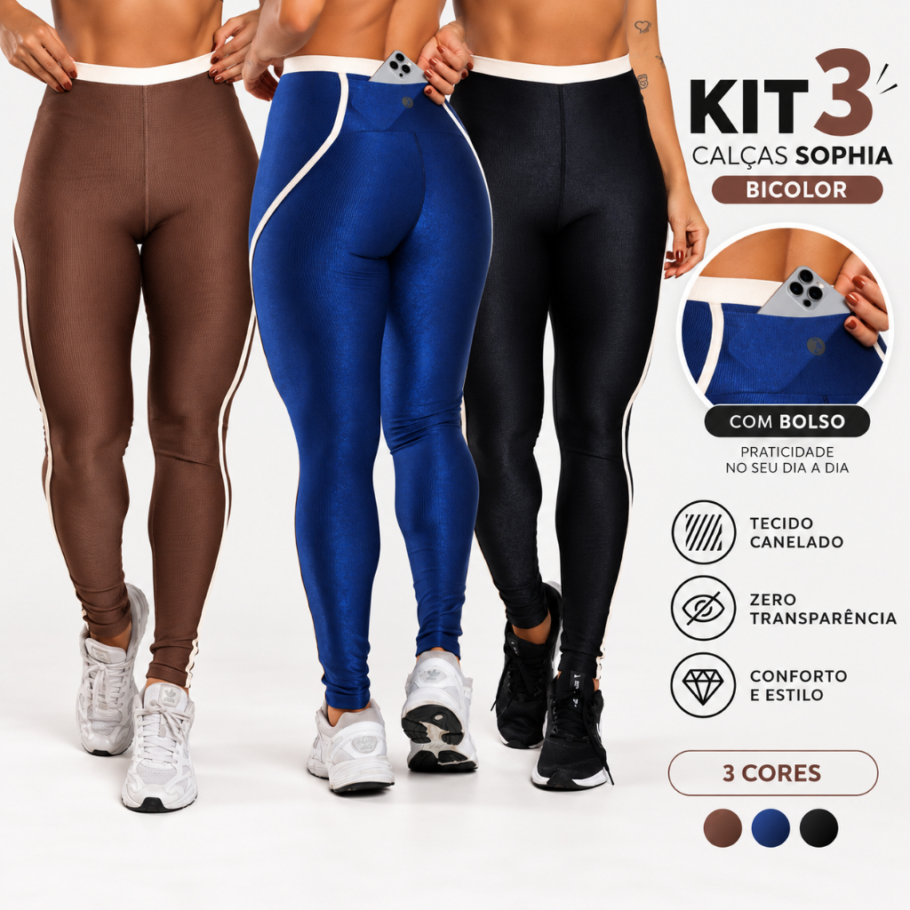 Kit 3 Calças Sophia Bicolor Feminina Canelada com Bolso Zero Transparência Fitness Academia Treino Confortavel Versatil