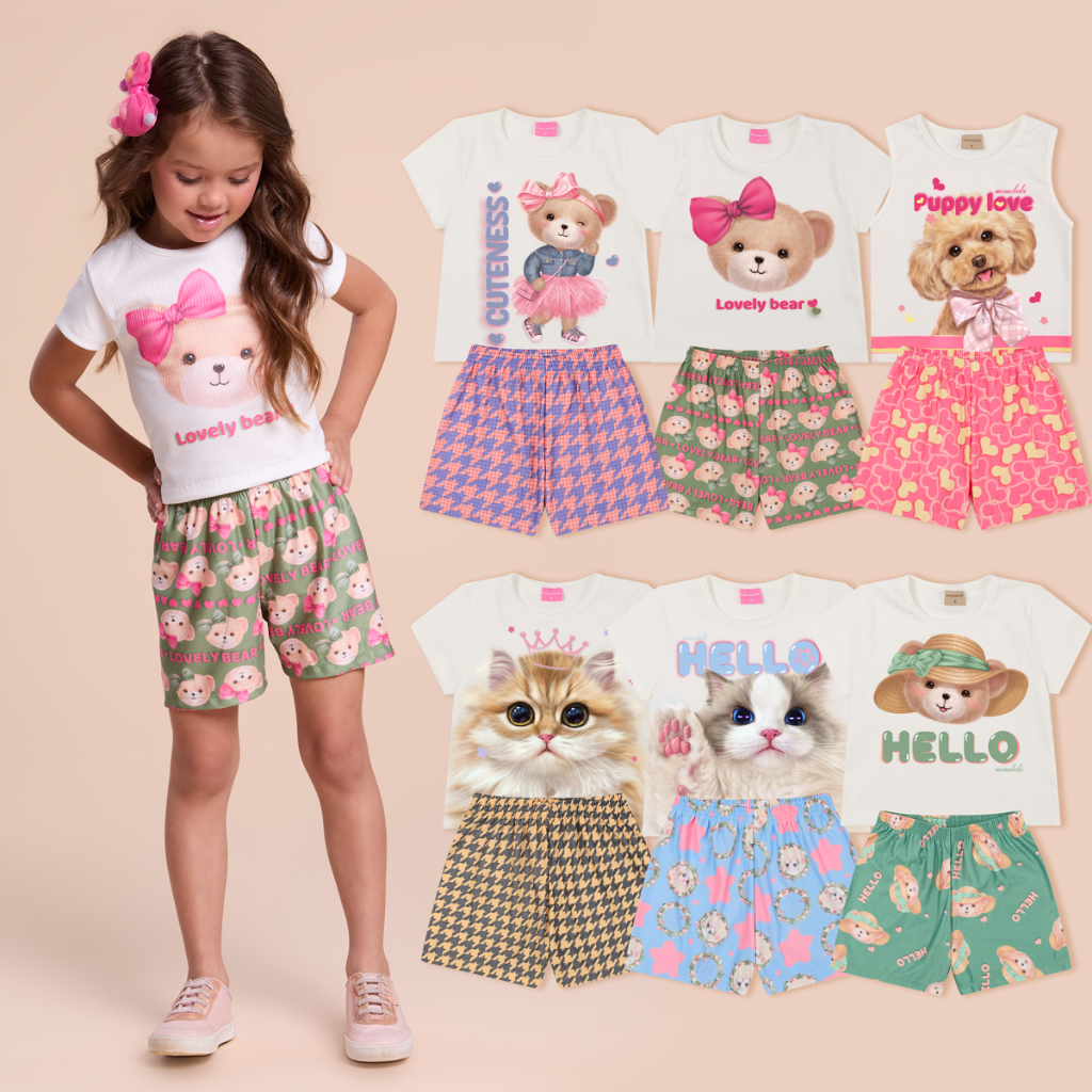 Kit Sortido 8 Peças de Roupas Infantil Menina 4 Camisetas + 4 Bermudas - Kit 4 Conjuntos Infantil Menina