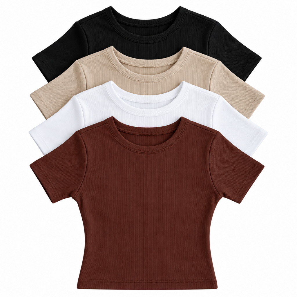 Kit 4 Cropped Feminino Manga Curta Canelado Ribana Algodão Gola Redonda Blusinha Básica Opção de Cores baby tee