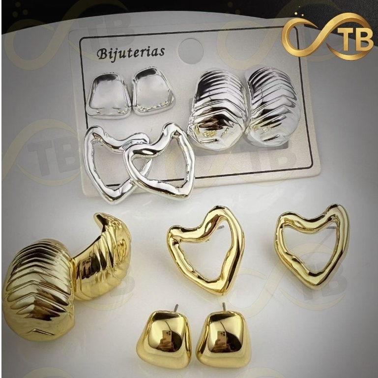 TB Presentes Moda 3 Pares Brincos Argola Cravejados Dourado 18K Prata Jóias Femininas Antialérgicas
