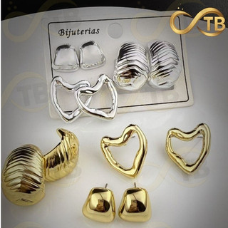 TB Presentes Moda 3 Pares Brincos Argola Cravejados Dourado 18K Prata Jóias Femininas Antialérgicas