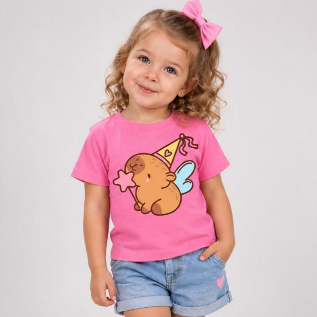 Camiseta Infantil Menina Feminina Estampada Capivara Fofa Manga Curta Blusinha Moda Kids Look Passeio Confortável