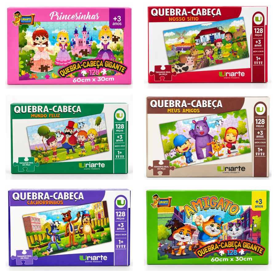 Quebra Cabeça Infantil Gigante 128 Peças Dinossauros Brinquedo Educativo Pedagógico 60x30cm Uriarte