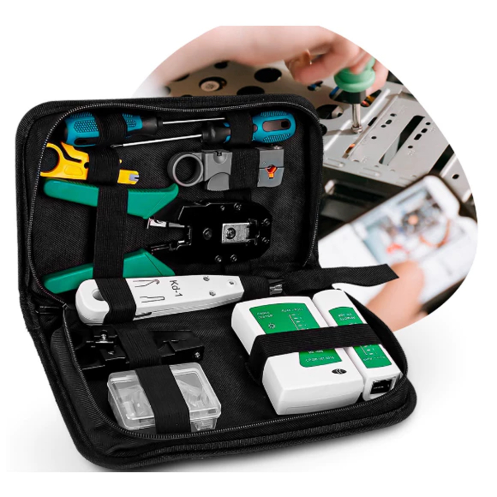 Kit Ferramentas Manutenção de Rede Informática LAN com Alicate de Crimpar RJ45 Testador de Cabos