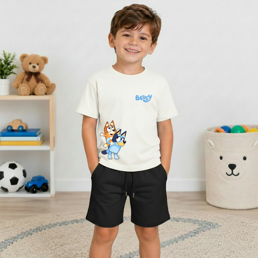 Conjunto Camiseta e Bermuda Infantil Desenho Animado Bluey Crianças + Brinde Relógio Infantil