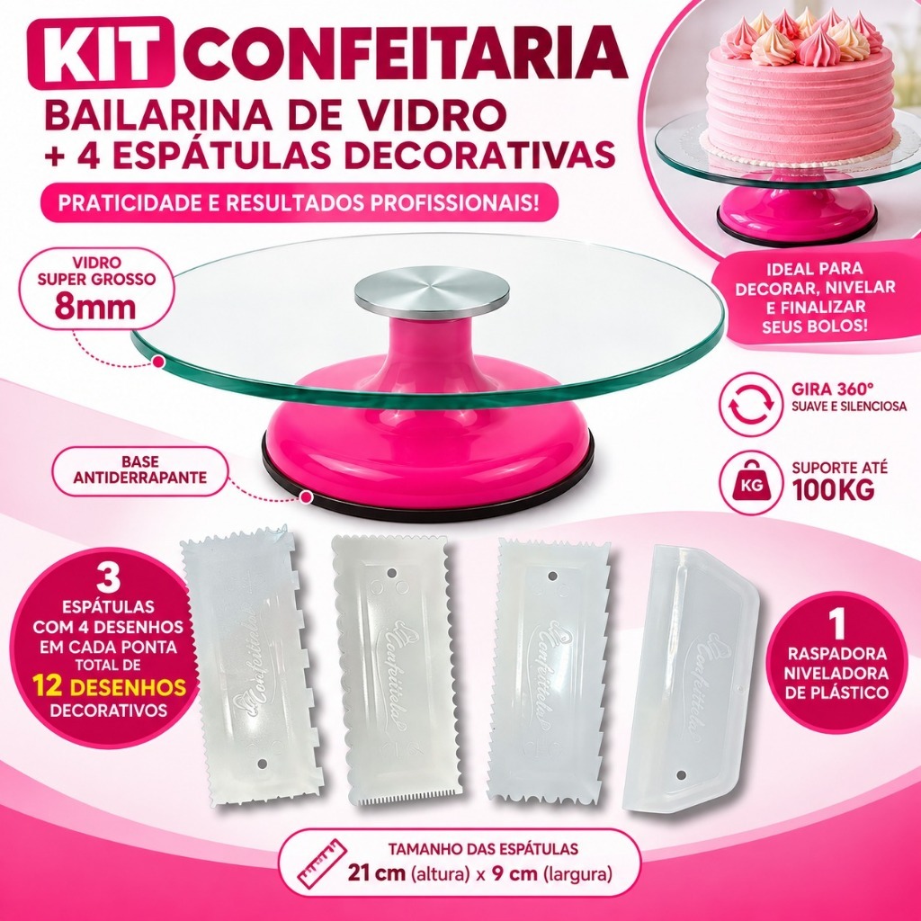 Kit Confeitaria Bailarina de Vidro 30cm + 4 Espátulas Decorativas Para Bolo Giratória