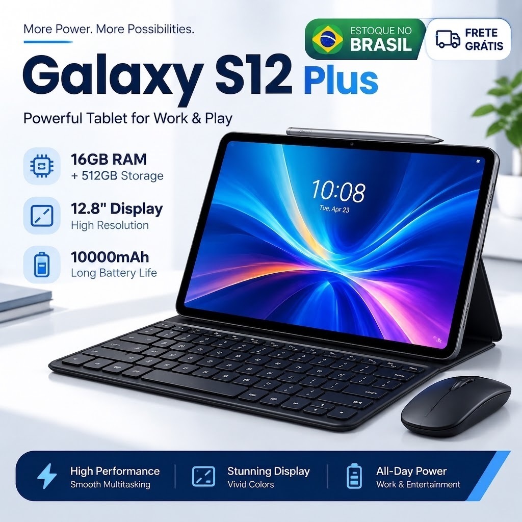 Tablet Galaxy S12 Plus 12.8" 16GB RAM 512GB com Teclado e Mouse Bateria 10000mAh - Pronta Entrega