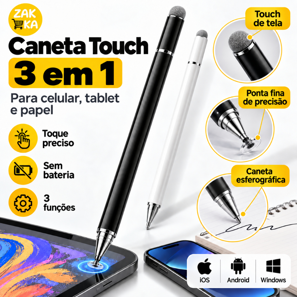 Caneta Touch 3 em 1 para Celular e Tablet, Ponta Fina + Touch + Esferográfica, Sem Bateria