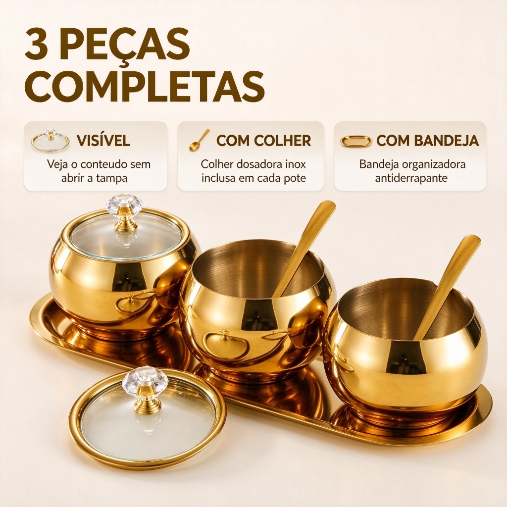 Kit Potes Açúcar Condimentos Com Bandeija Aço Inox 304 Esférico Cozinha Luxuoso Moderno Organizador
