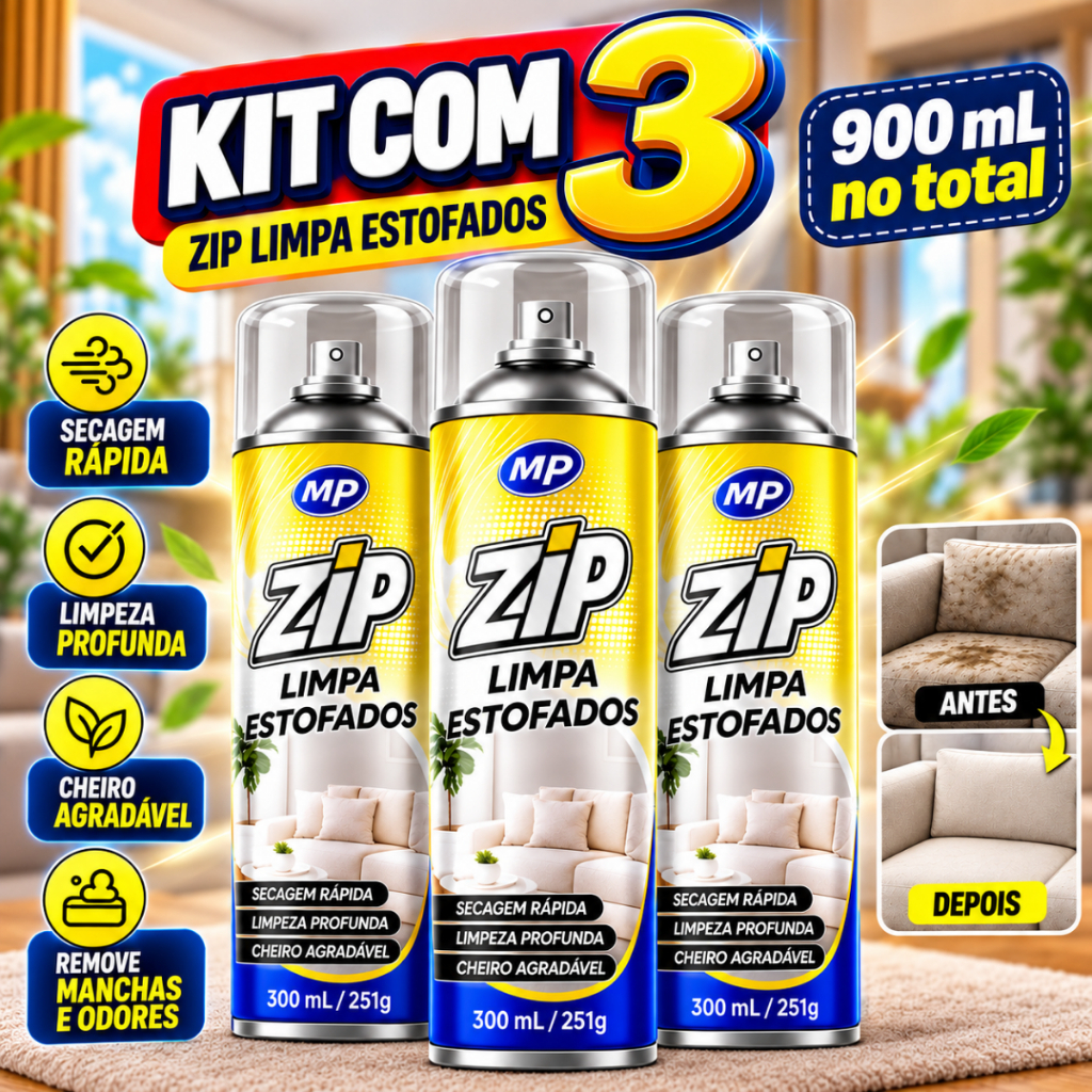 Kit 3 Spray Espuma Limpadora Zip Limpa Estofados Remove Manchas Colchao Sofa Tapete Teto Carro