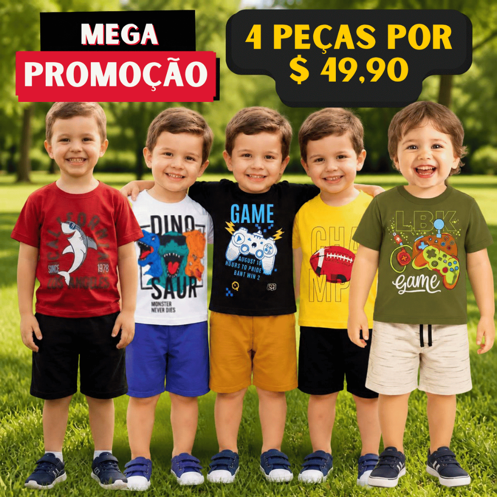 Kit 4 Peças Conjunto Sortido Menino roupa Infantil bebê -2 Camisetas + 2 Bermudas - 2 Conjuntos Sortidos Menino