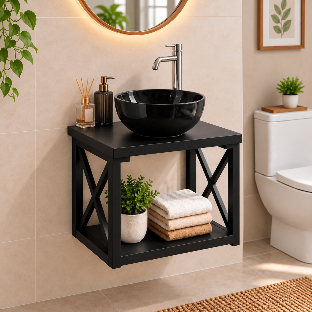 Gabinete Banheiro com Cuba Sobreposta 50cm MDF Industrial Compacto Armário Pia Lavabo Apartamento Moderno Suspenso