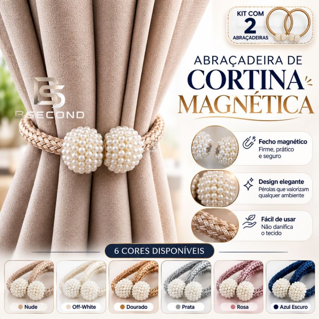 Kit 2 Abraçadeira Magnética para Cortina Premium Moderna Enfeite Pérola Com Imã