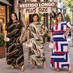 Vestido Longo Curve Curvy Plus size moda evangélica com fenda estampado e liso do 44 ao 58 Casual