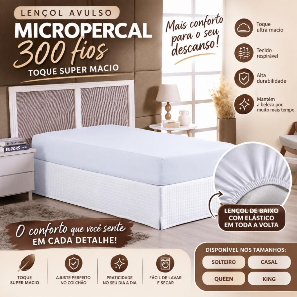 Lençol Avulso com Elástico 300 Fios Micropercal Padrão Hotel Casal Queen King Solteiro 1 peça