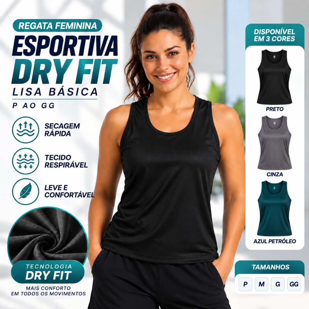 Regata Feminina Esportiva Dry Fit Lisa Básica - P ao GG - 825