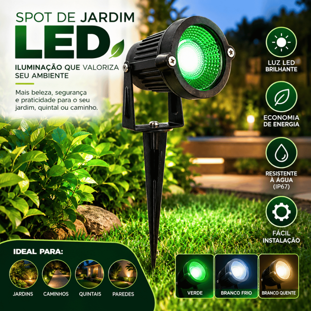 Luminária Espeto LED Jardim 3W Verde IP65 Bivolt Refletor Decorativo para Gramado, Plantas e Paisagismo Externo