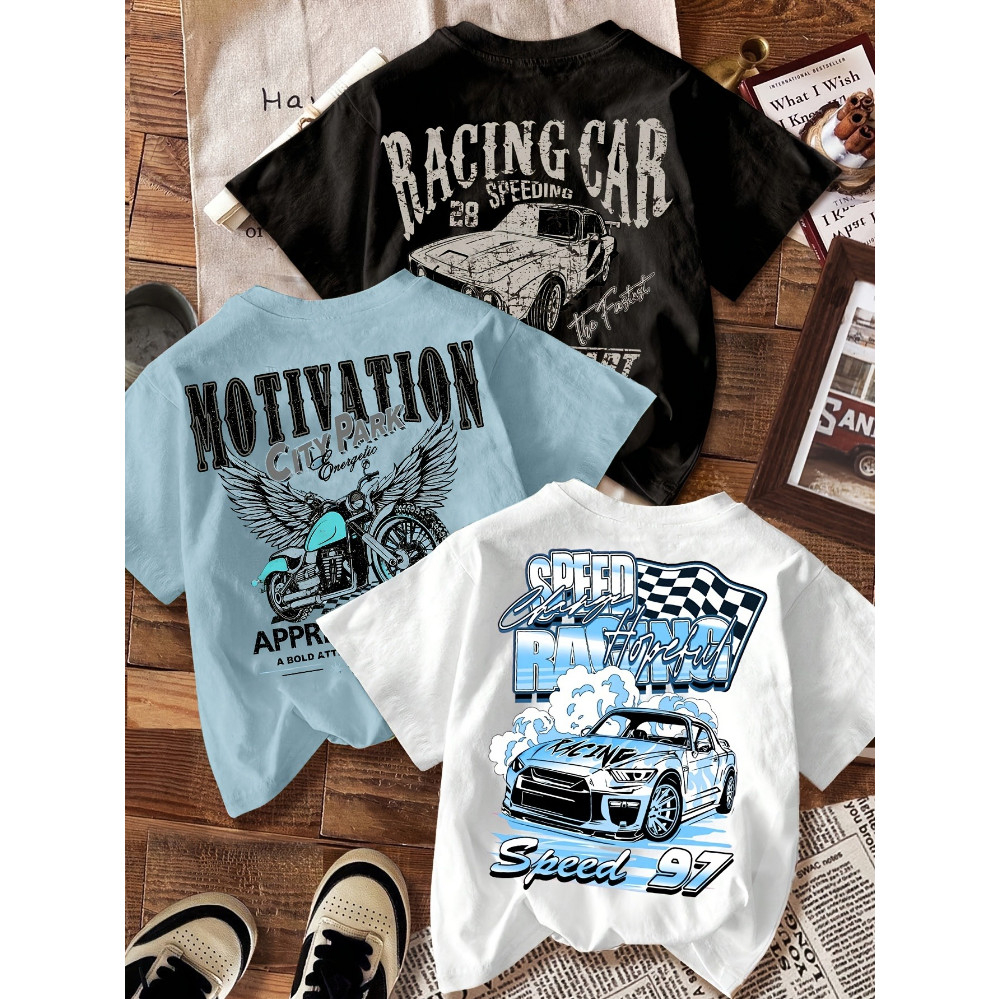 Kit 3 Camisetas Infantis Masculinas Carros Corrida Speed Motocicleta Infantil Estampada Presente dias das crianças