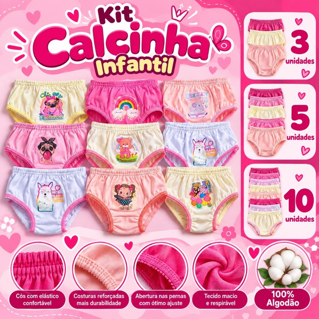 Kit Calcinha Infantil Estampas Variadas Menina 3/5 ou 10 Unidades Algodão Confortável P M G. Envio Imediato