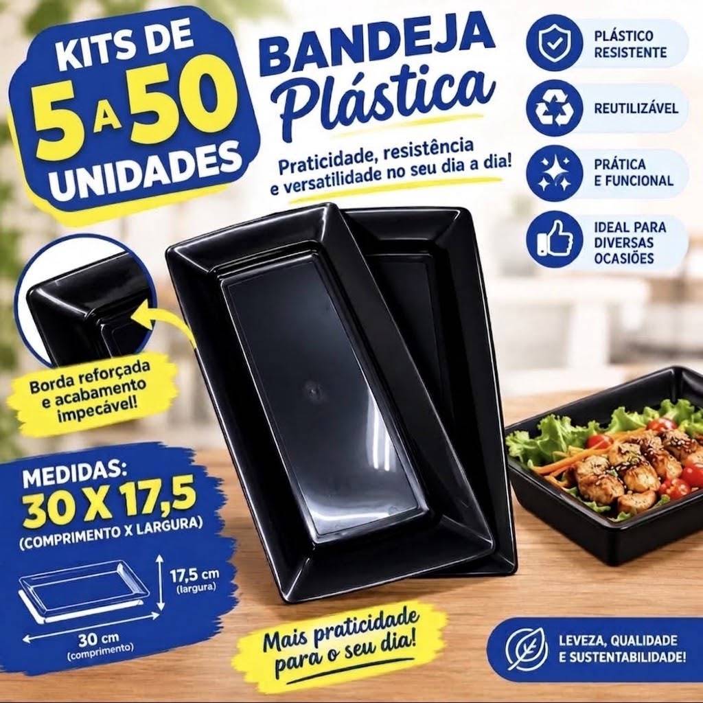 Kit 5 á 50 Bandejas Petisqueira Plástico Preto Lanches Porções Petisco Festas Lanchonete Churrasco