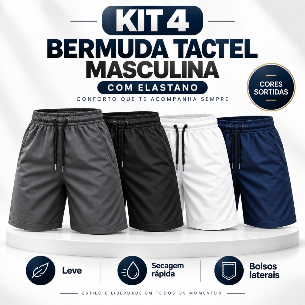 KIT 4 Bermuda Tactel Masculina com Elastano Bolsos Laterais Conforto e Liberdade