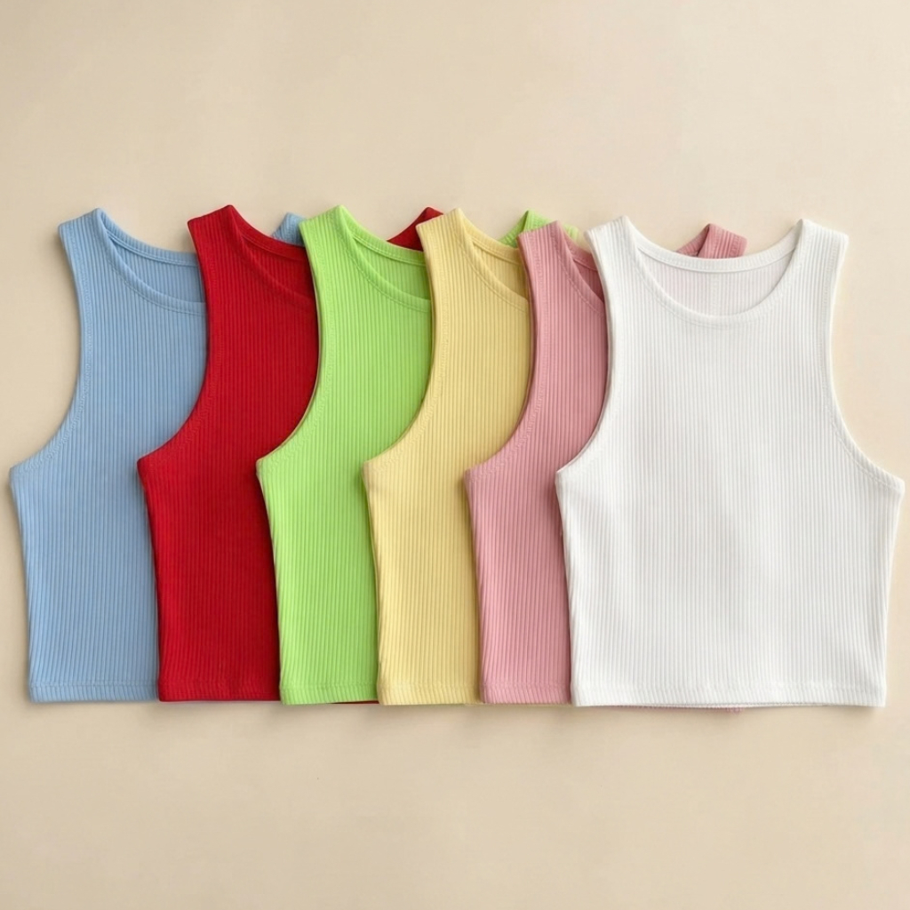 Cropped Feminino Regata Canelado Blusa Alça Larga Grossa Gola Redonda Sem Bojo Poliamida Básico Casual Verão 12 Cores