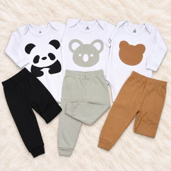 Kit 6 Peças Body + Calça Bebê Suedine 100% Algodão Panda, Coala e Urso RN P M G GG | Closet Infantil