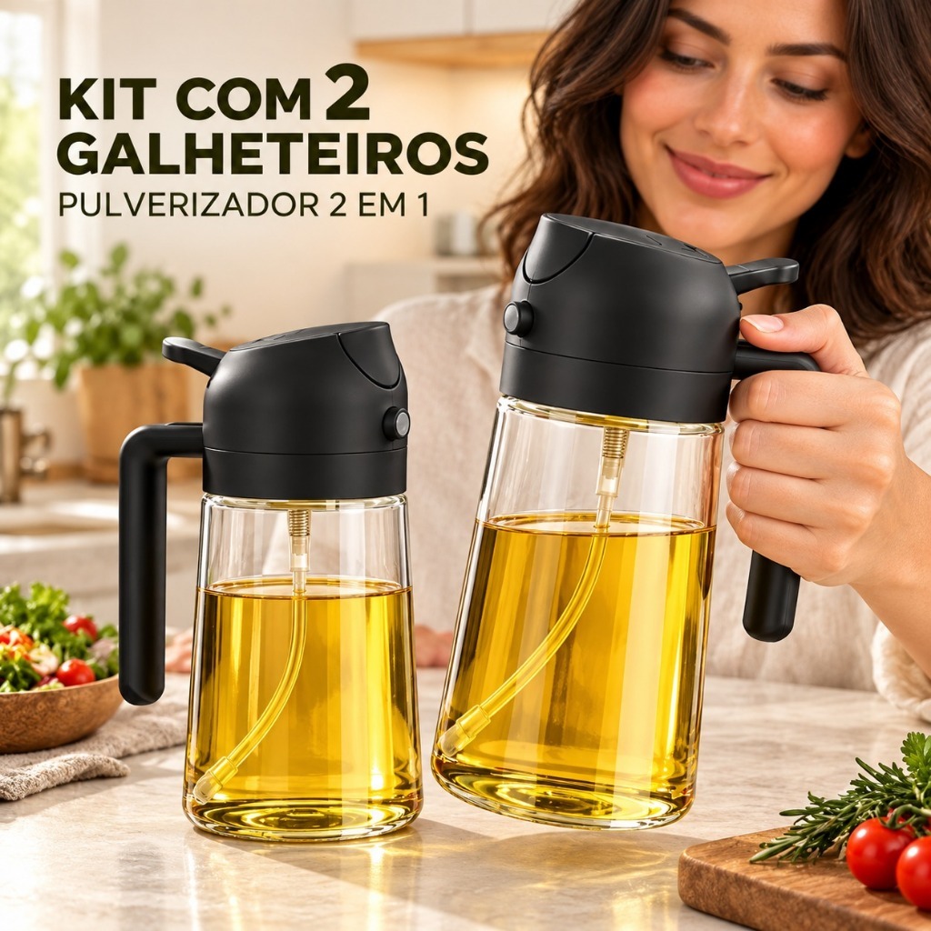 Kit 2 Pulverizador de Óleo e Azeite 2 em 1 de Vidro 470ml com Tampa Preta para Cozinha Galheteiro Borrifador